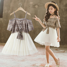 Cô gái mùa hè 2019 trẻ em mới lưới giả hai mảnh phiên bản Hàn Quốc của cô bé phù hợp với áo kẻ sọc lệch vai Bộ đồ trẻ em