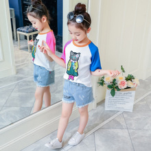 Bộ đồ bé gái Hàn Quốc phiên bản hè 2019 cho bé lớn in áo thun + quần short denim cho bé hai mảnh Bộ đồ trẻ em