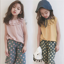 Quần áo trẻ em 2019 hè New Girl phiên bản Hàn Quốc của áo vest cổ lọ hoa sen hai dây Bộ đồ trẻ em