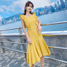 Váy trái tim nữ mùa hè 2019 thiết kế mới cảm giác bằng gỗ đuôi cá váy vàng không tay quai cotton và váy lanh Váy đuôi cá
