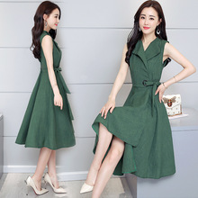 Mùa hè 2019 mới của phụ nữ thời trang cà vạt mỏng Phiên bản Hàn Quốc của chiếc xích đu lớn bất thường trong phần dài của váy cotton và vải lanh Đầm cotton