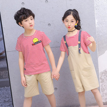 Quần áo trẻ em hè 2019 Phiên bản Hàn Quốc của các bé trai và bé gái sọc mới phù hợp với dịch vụ lớp học dành cho trẻ em mẫu hai mảnh Bộ đồ trẻ em