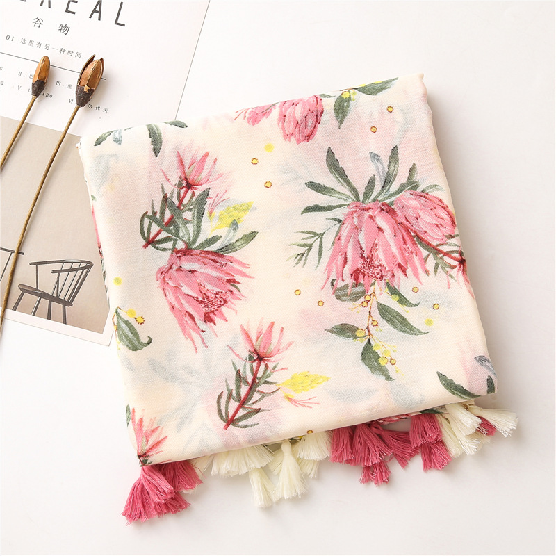 Spring new retro womens pink flower summer sunscreen cotton and linen shawl silk scarfpicture2