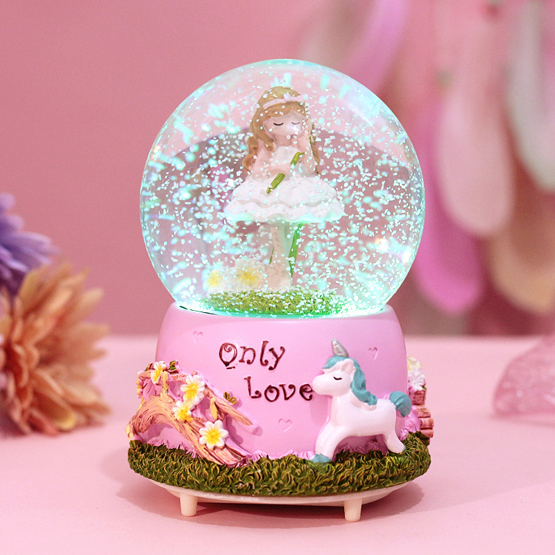 彩灯飘雪花旋转祈祷女孩玻璃水晶球音乐盒八音盒女生儿童生日礼品