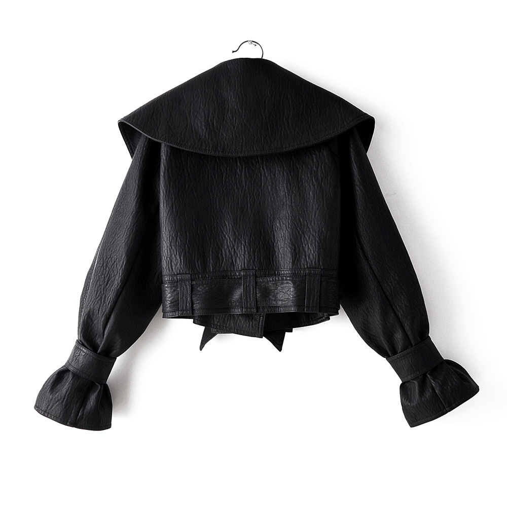 Long Sleeve Bowknot Lapel Pu Leather Jacket NSBRF110929