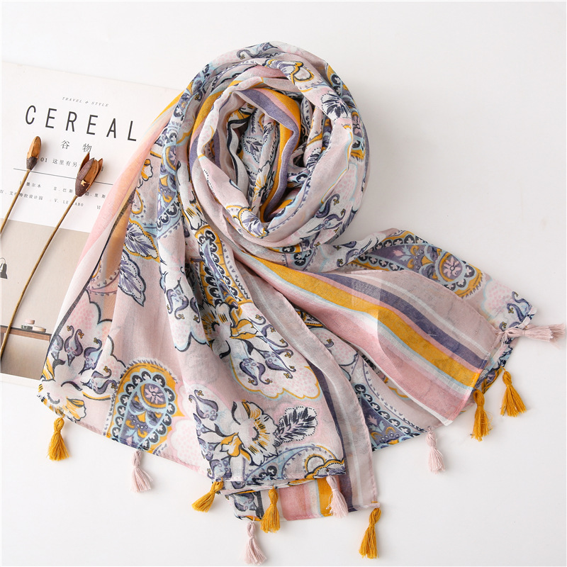 new fashion pink and purple cashew print gauze export thin cotton and linen scarf sunscreen shawlpicture5