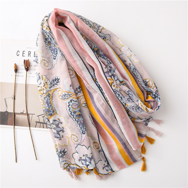 new fashion pink and purple cashew print gauze export thin cotton and linen scarf sunscreen shawlpicture4