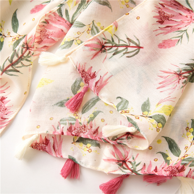 Spring new retro womens pink flower summer sunscreen cotton and linen shawl silk scarfpicture9