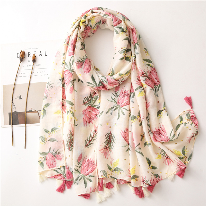 Spring new retro womens pink flower summer sunscreen cotton and linen shawl silk scarfpicture3