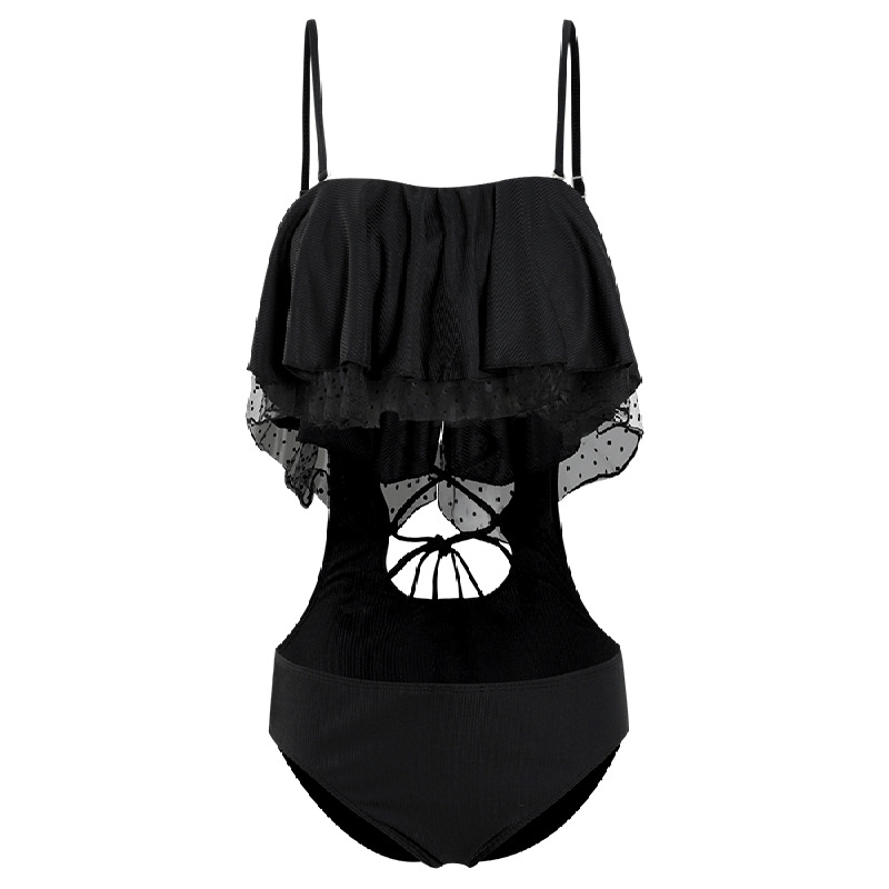 traje de baño de una pieza sexy con volantes negro delgado de nueva moda NSHL4021