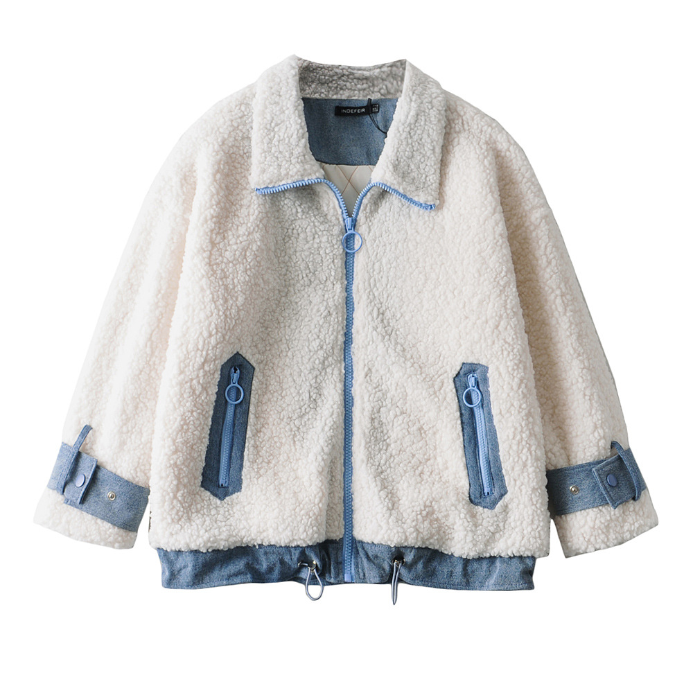 lapel full zipper long sleeve lamb wool jacket NSYXB139191