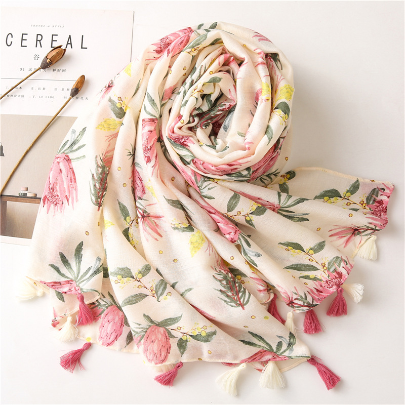 Spring new retro womens pink flower summer sunscreen cotton and linen shawl silk scarfpicture5
