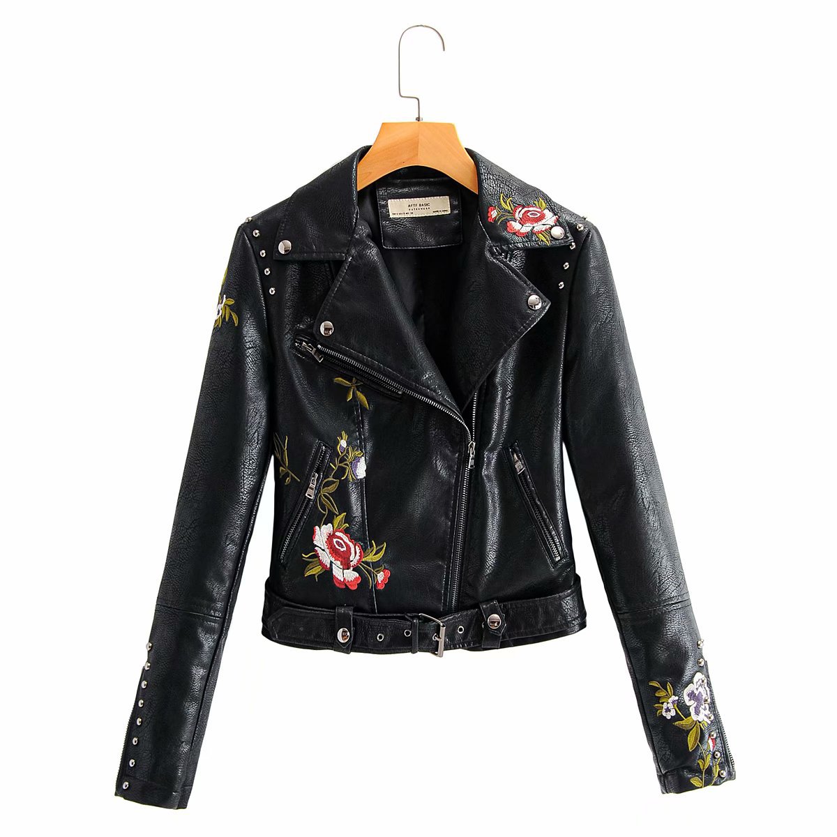 Long-Sleeved Lapel Floral Embroidery Pu Leather Jacket NSXFL101419