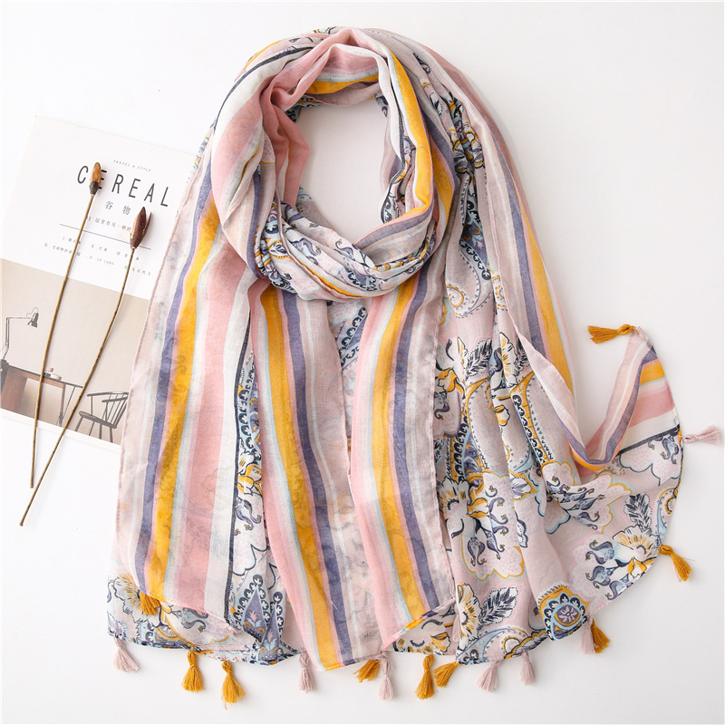 new fashion pink and purple cashew print gauze export thin cotton and linen scarf sunscreen shawlpicture3