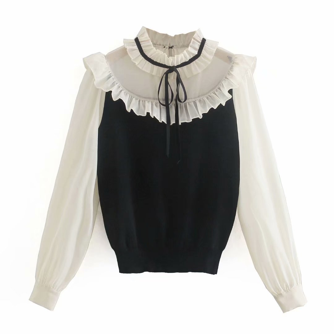 stitching long sleeve fungus edge color matching organza knitted top NSXFL132290