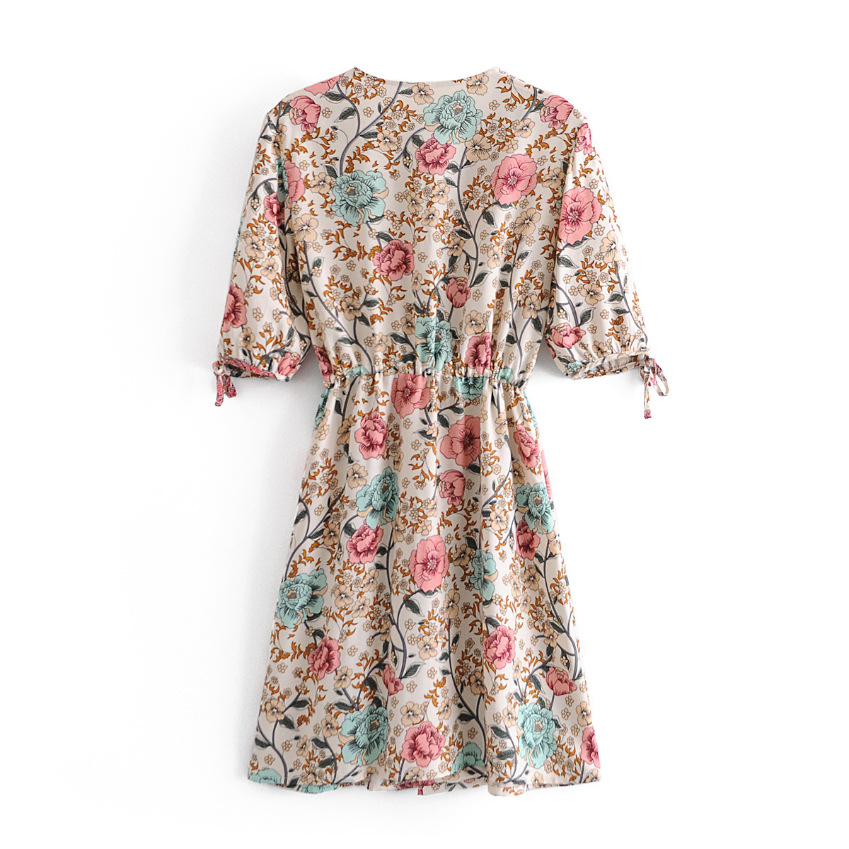 vestido con estampado floral ceñido a la cintura de manga corta con cuello en V de primavera NSXFL118362