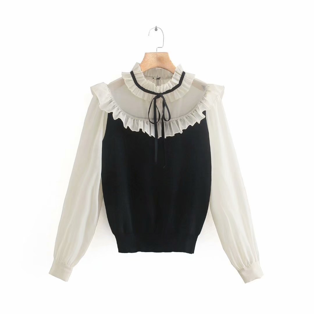 stitching long sleeve fungus edge color matching organza knitted top NSXFL132290