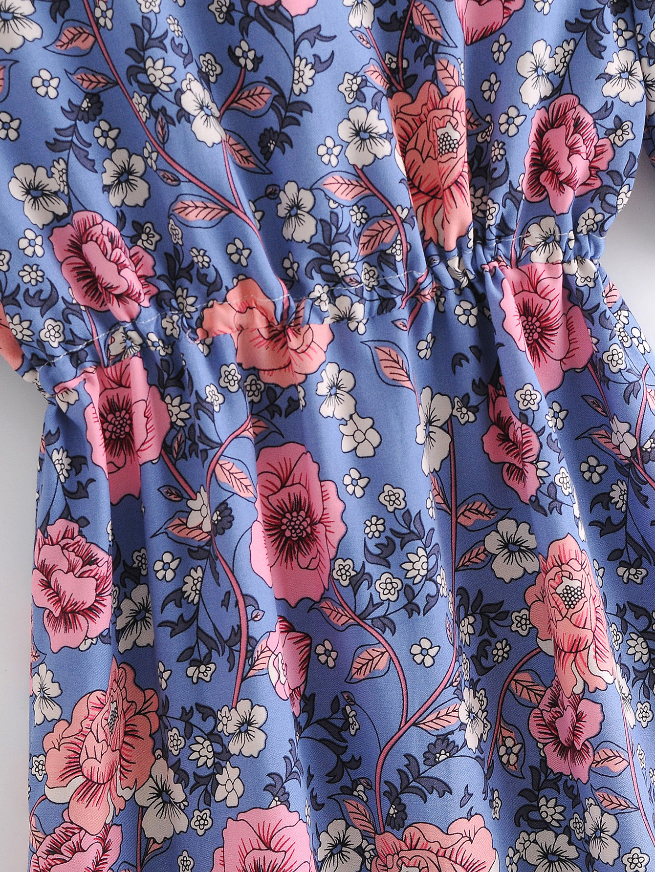 vestido con estampado floral ceñido a la cintura de manga corta con cuello en V de primavera NSXFL118362