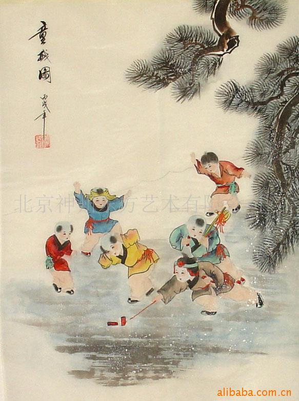 国画人物画 绢画工笔装饰画 童戏图 百子图 儿童画