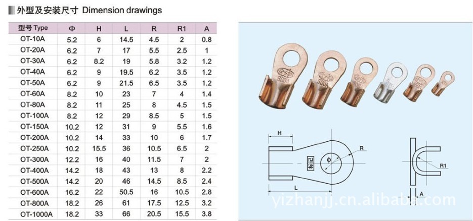 開口銅鼻子規格ot5a10a20a30a開口鼻子供應現貨益展電氣