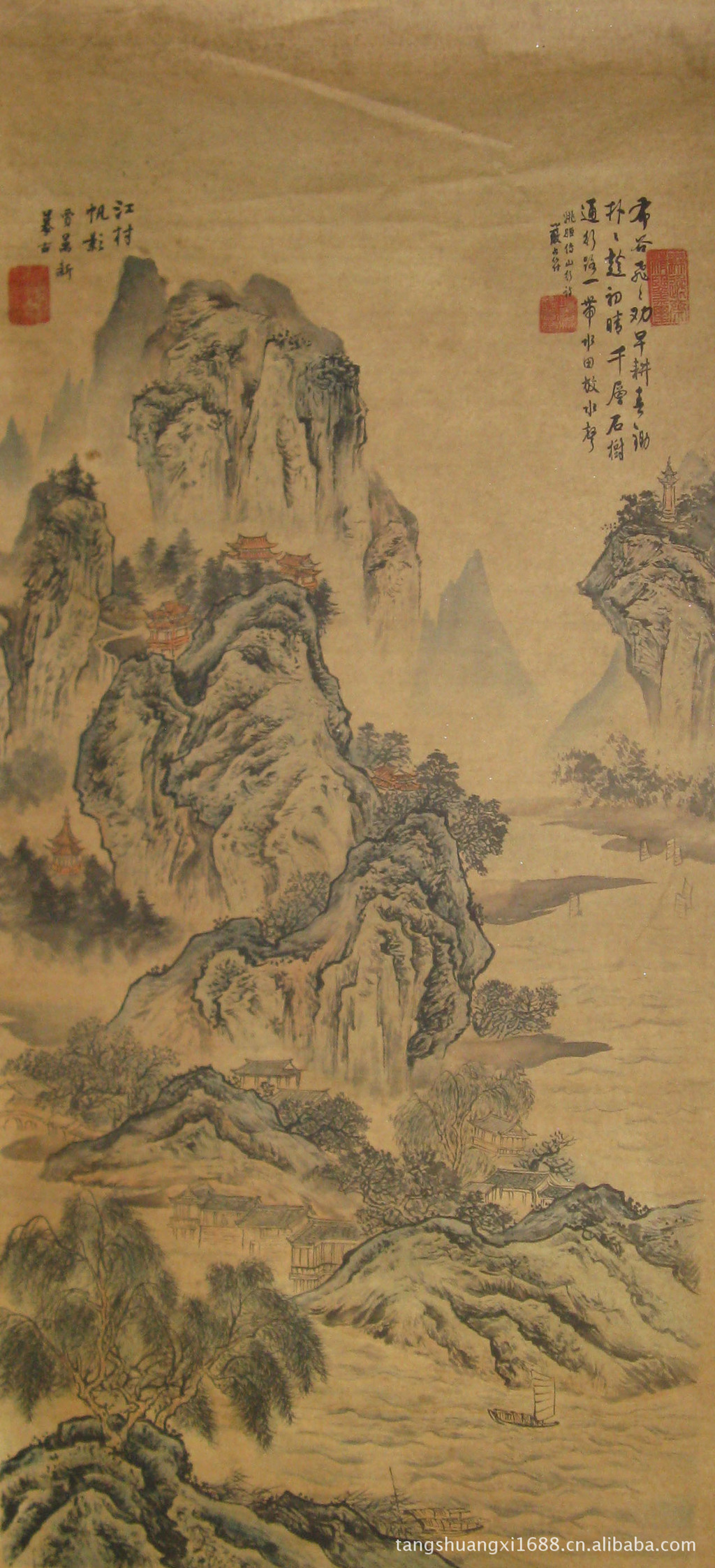 做旧字画低价批发家居酒店装饰画半手绘三尺仿古名家山水画4277