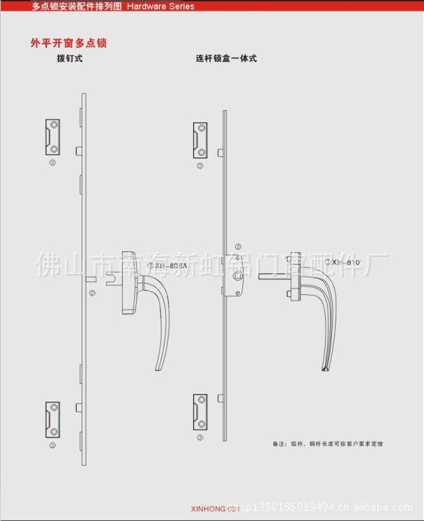 新虹 多点锁安装配件图 连杆锁盒一体式 外平开窗多点锁