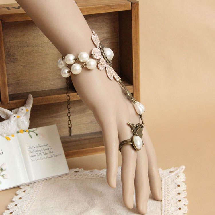 外贸复古花朵珍珠蕾丝手链连戒指一体链婚庆首饰品批发 ws