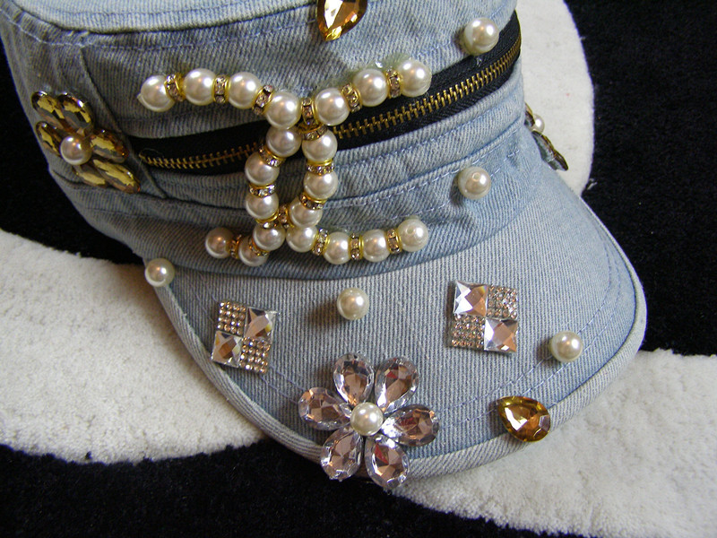 原创帽子手工帽子珍珠镶钻大颗彩色水钻牛仔帽平顶帽女帽