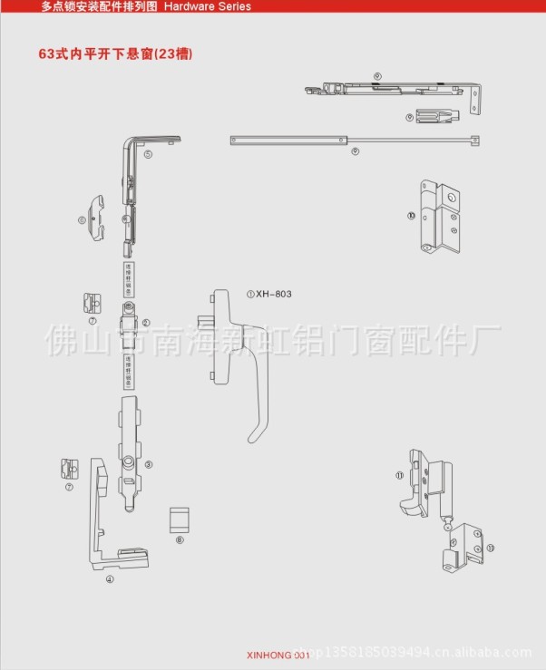 精品源于新虹 多点锁安装配件 63式内开平下悬窗(23槽)