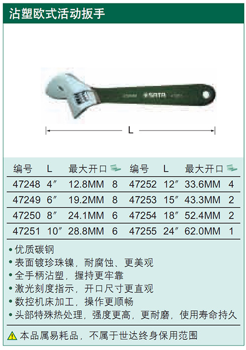 【世达工具】沾塑欧式活动扳手 47248