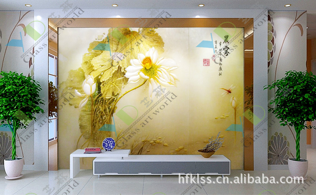 特价艺术玻璃工艺玻璃彩绘雕刻玻璃电视沙发背景墙晨雾yd021