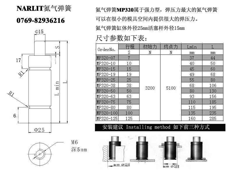 氮氣彈簧mp320行程規格及安裝具體尺寸參數如圖所示