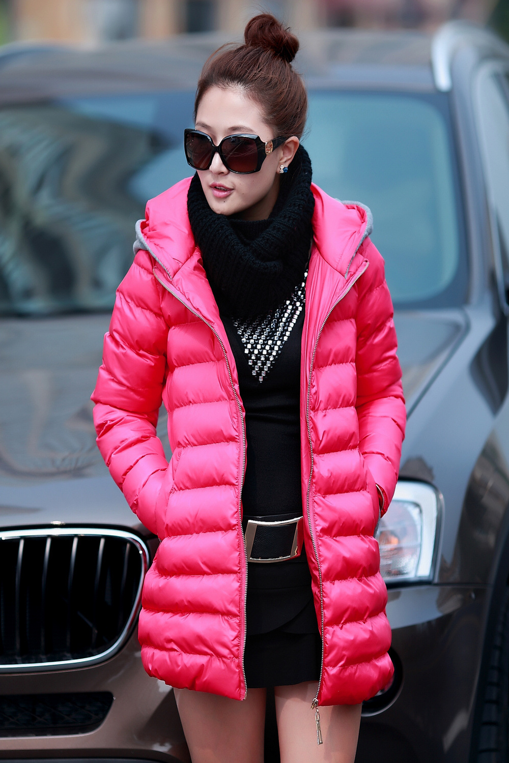 2013冬季新款女装 韩版时尚修身卫衣帽棉外套 加厚中长款棉衣