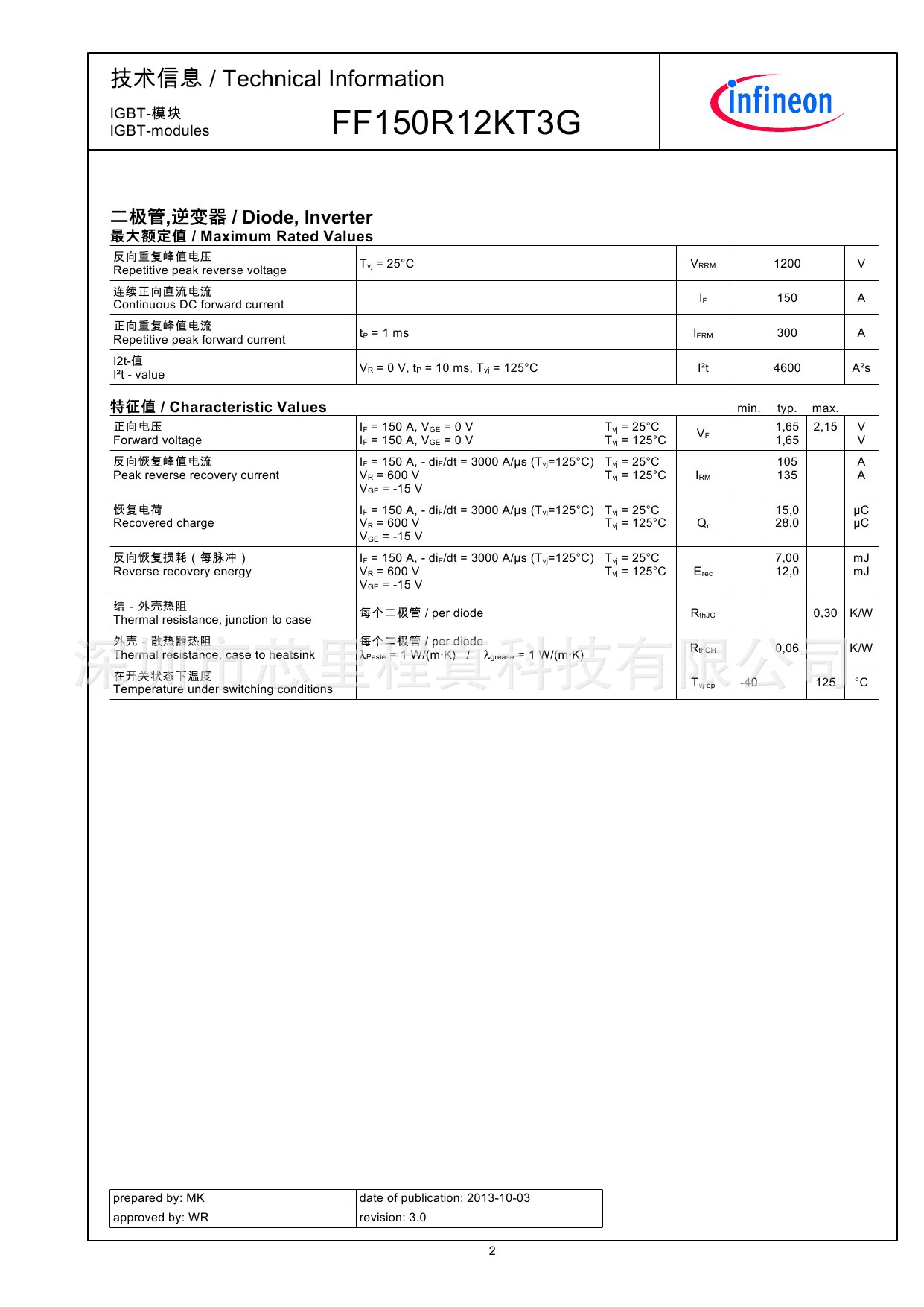 infineon/英飛凌 模塊 ff150r12kt3g 原裝正品 igbt逆變器