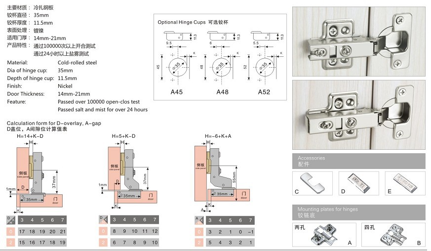 廠家直銷高檔低價35杯快裝自卸鐵液壓鉸鏈,合頁 0906