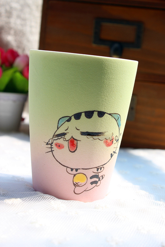 七夕情人节礼品手绘手工磨砂水杯创意渐变萌猫情侣马克杯陶瓷杯