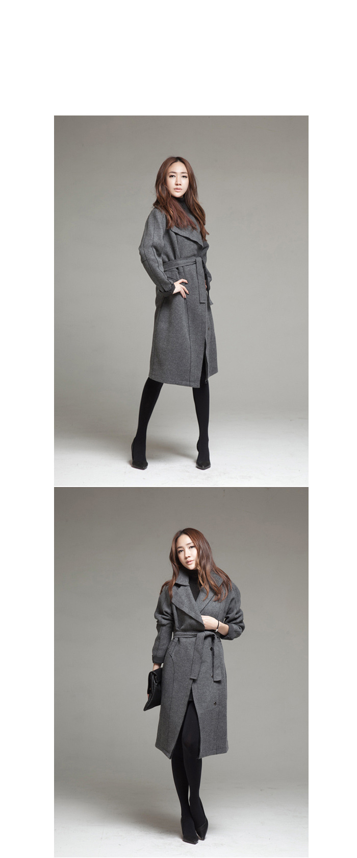 韩版新款秋冬装毛呢外套灰色中长款系带大衣羊毛呢风衣外套 d5305图片