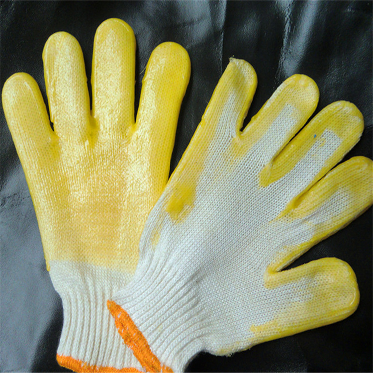 批发黄色加厚胶片涂胶手套耐磨棉纱衬里涂掌泡胶手套全浸胶手套