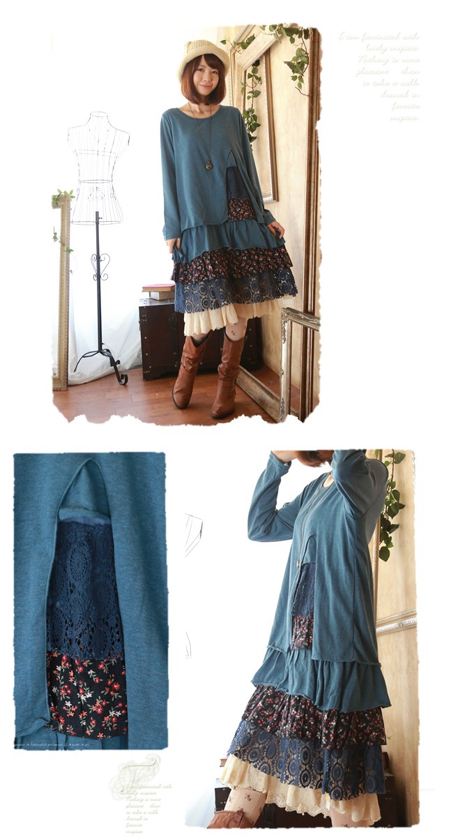 Japanese Loose Mori Girl Retro Dress Lolita Long Sleeve Dress blue ...