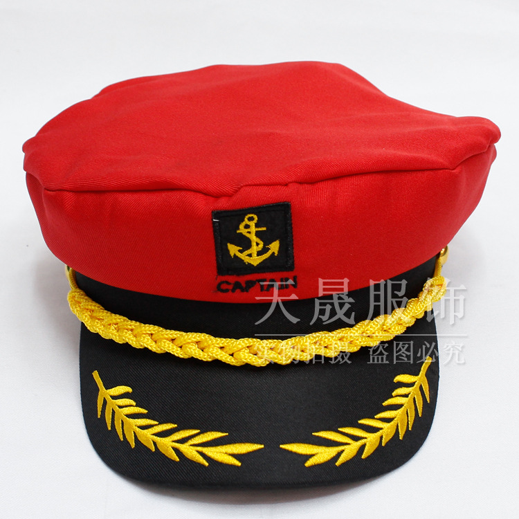 紅色平頂帽黑色繡花船員帽節日派對帽子服飾配件海軍帽