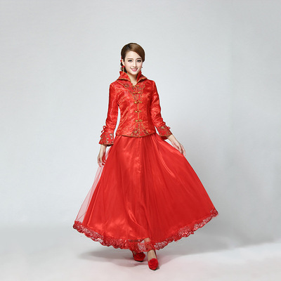 新娘敬酒服 现代红色锦缎短袖夹棉结婚礼服 时尚复古中式长旗袍