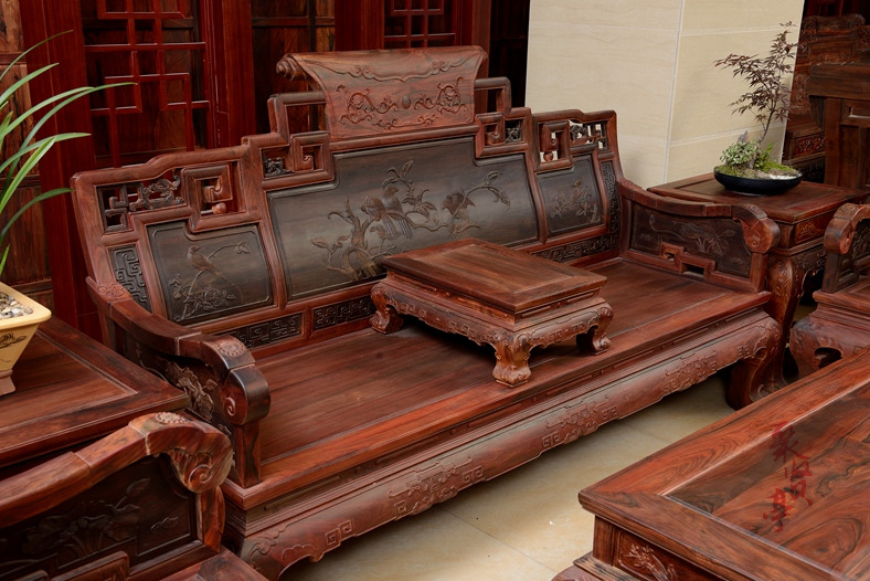 大红酸枝中式古典八件套红木家具卷书宝座客厅转角沙发
