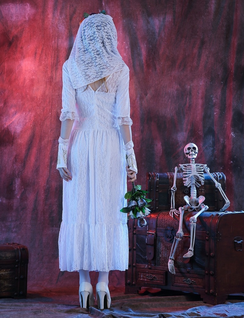 女王演出服白色僵尸鬼新娘服装哥特骷髅长裙万圣节服装角色扮演