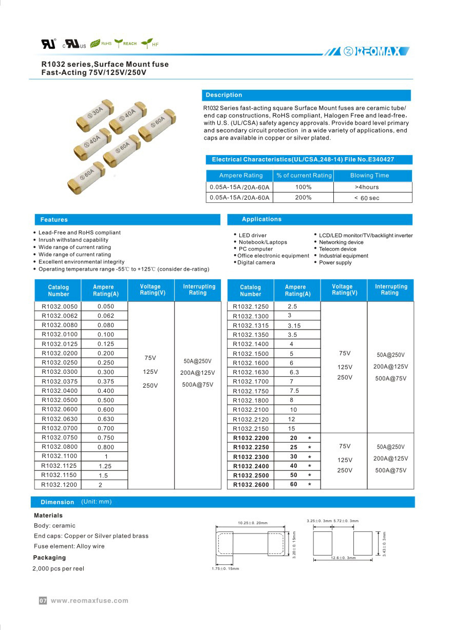 1032大電流保險絲30a 125v reomax瑞卓 快斷3*10 高壓貼片保險絲