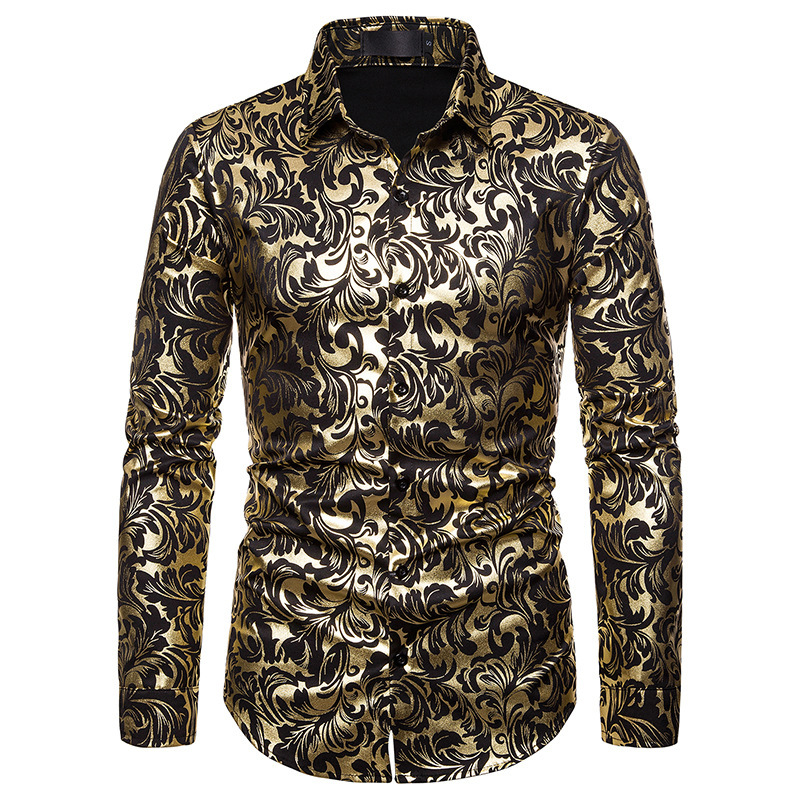 Floral Print Shirt Men 2019 Brand New Gold Bronzing Long Sleeve Chemise ...
