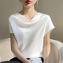 Silk Silk Satin 2024 Spring and Summer New Short Women's French Neck Elegant T-Shirt Simple Short Sleeve plus size Top