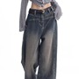 American-style High Street Retro Old Wide Leg Jeans Women's Autumn 2024 New Mid-high Waist Fashionable Slimming Mop Pants