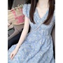 High-grade Heavy Industry Embroidered Blue Platycodon French dress Women's Summer New Arrival Small Waist Slimming Skirt