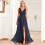 2024 new sparkling chiffon sleeve evening dress double V collar A- line bridesmaid party dress side slit mopping the floor