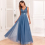 23 New Stitching Elastic Waist Sleeveless Double V Collar Evening Dress Tulle Embroidered Long Elegant A Big Swing Party Dress
